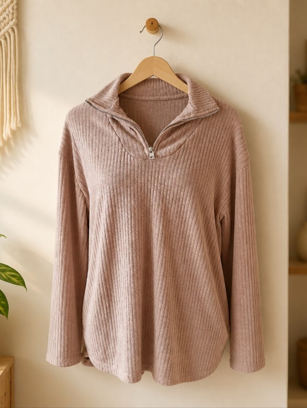 Ribbed Half-Zip Pullover Sweater - Taupe